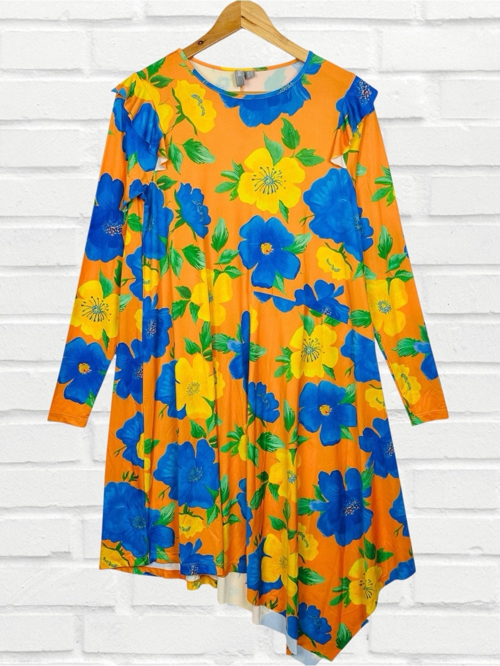 ASOS Bright Bold Floral Print Ruffle Long Sleeve Asymmetric Hem Midi Dress 8
